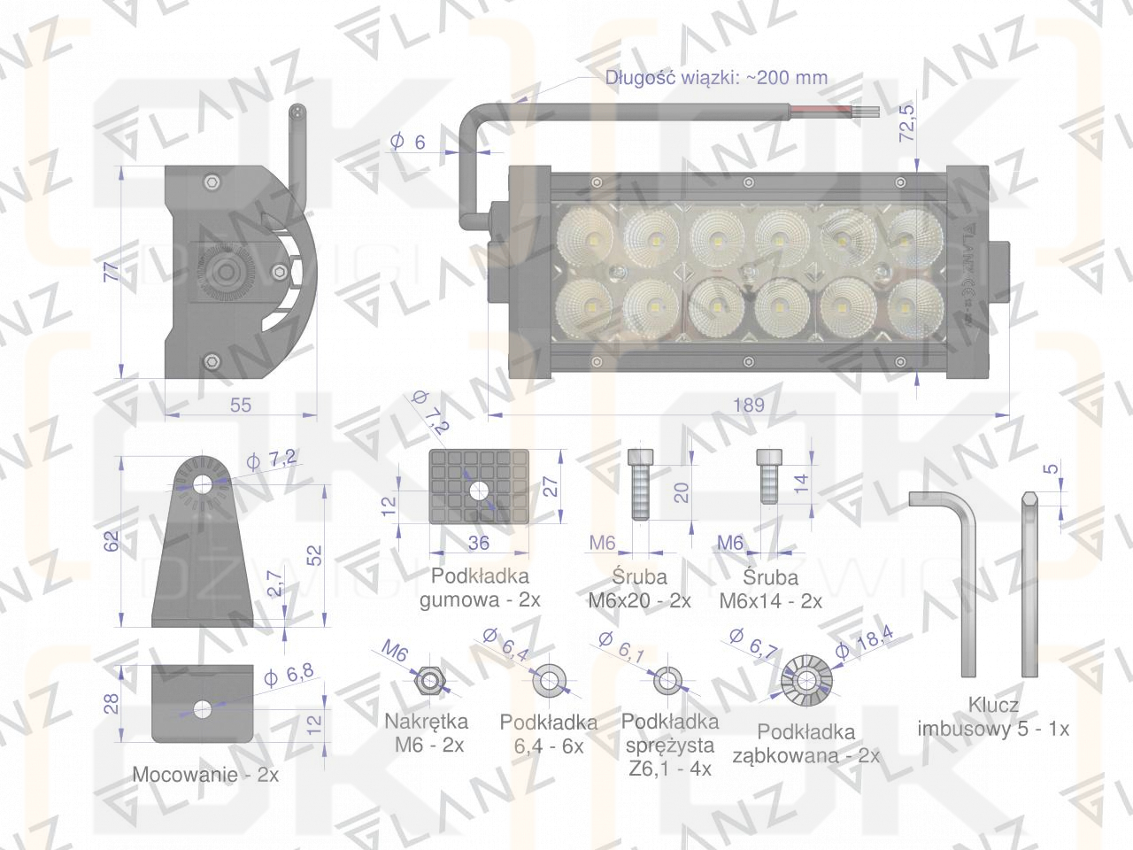 Lampa robocza prostokątna 36W 12 LED GLANZ