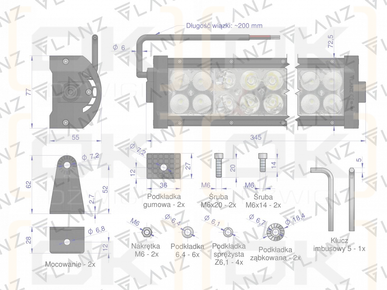 Lampa robocza prostokątna 72W 24 LED GLANZ