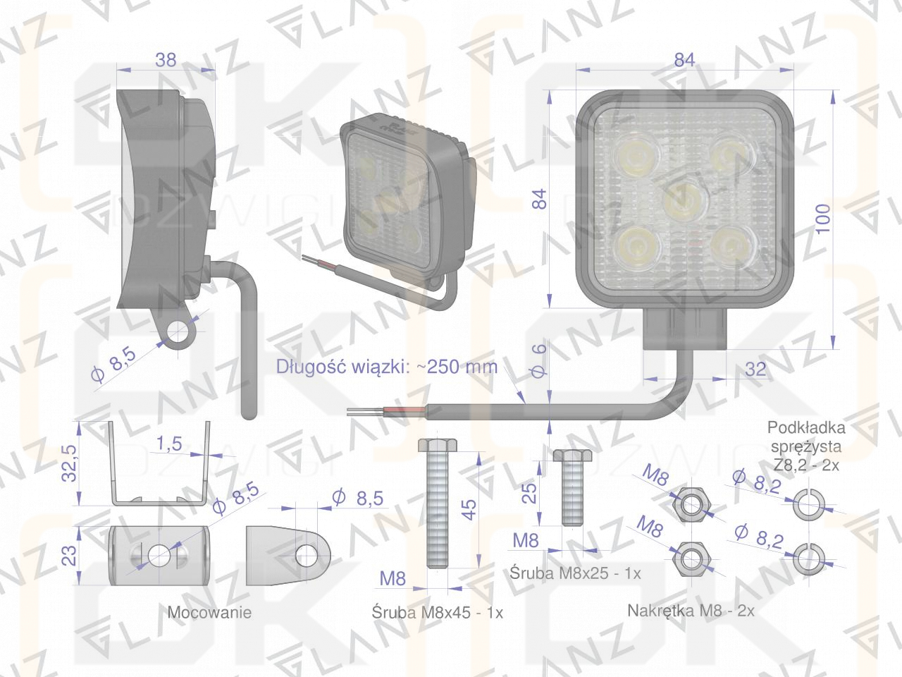 Lampa robocza kwadratowa mini 15W 5 LED GLANZ