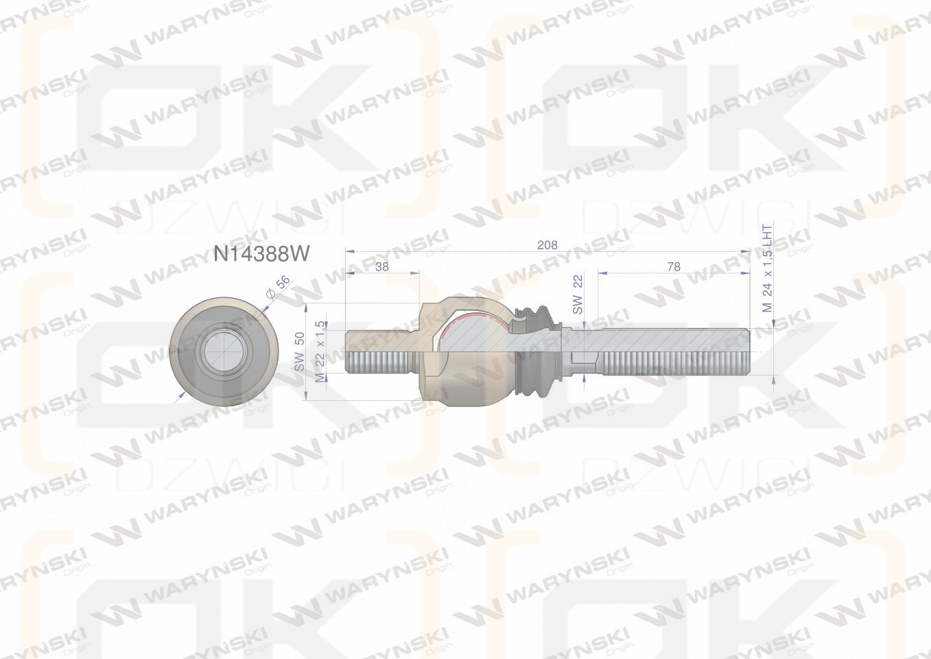 Przegub kierowniczy 208mm - M22x1,5; M24x1,5L N14388 WARYŃSKI