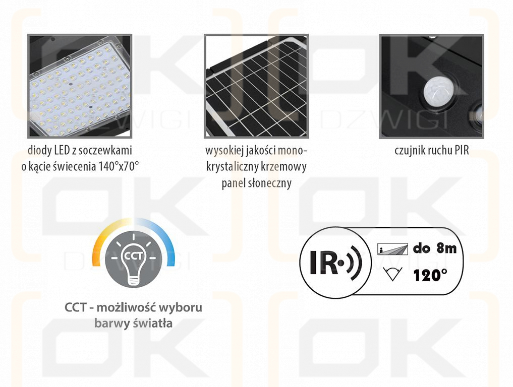 Lámpara solar. Farola LED SOLGER 20W 3000LM COLOR DE LUZ VARIABLE 3000K, 4000K, 6000K IP65 con sensor de movimiento