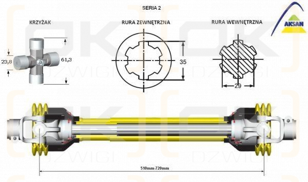 Wał przegubowo-teleskopowy wałek wielowypustowy frezowany 510-720mm 250Nm 40210 CE seria 2 AKSAN