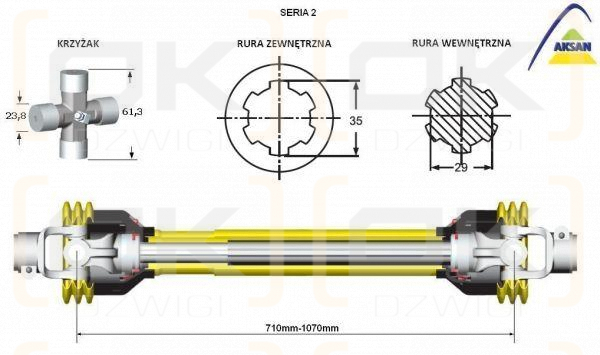 Wał przegubowo-teleskopowy wałek wielowypustowy frezowany 710-960mm 250Nm 40240 CE seria 2 AKSAN