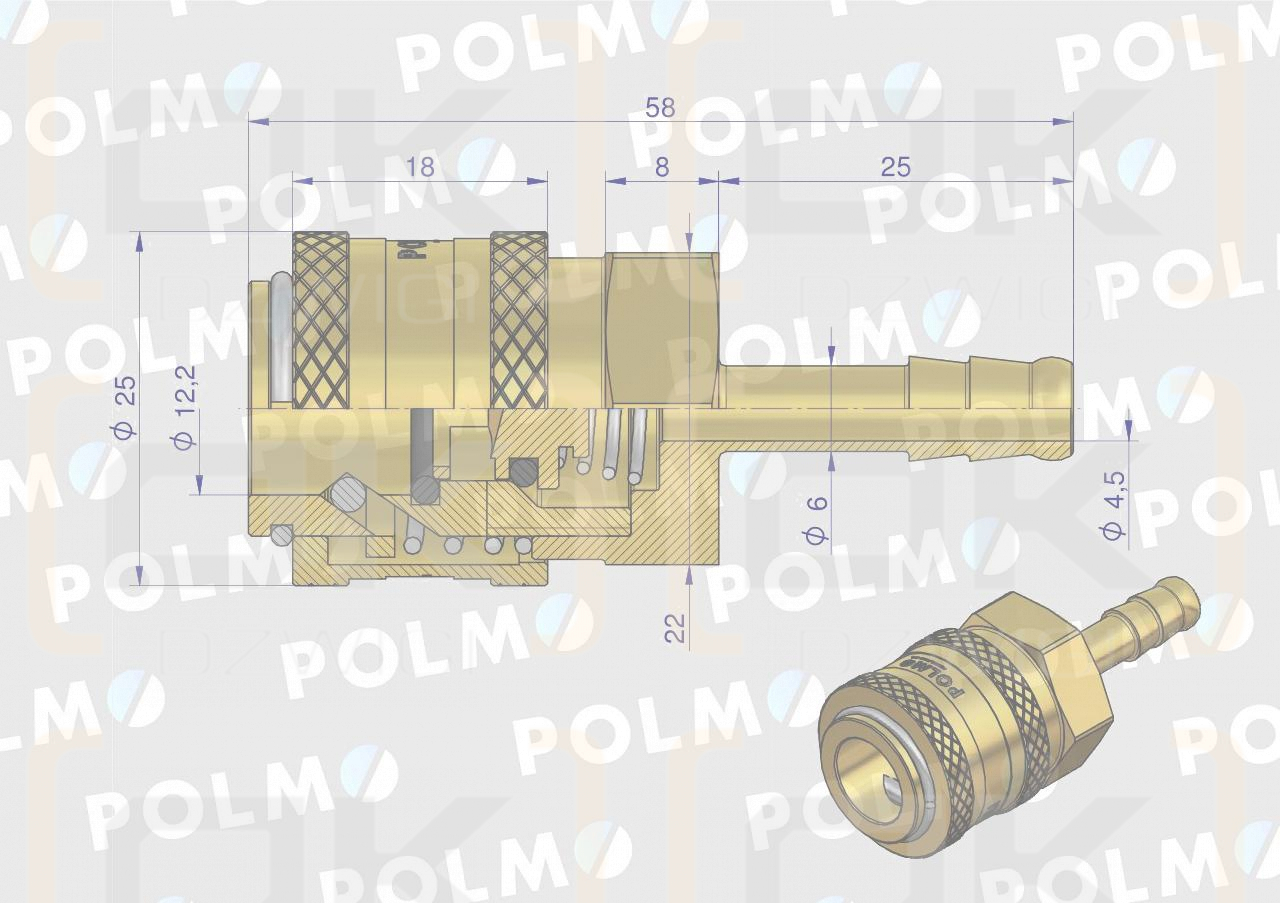 Szybkozłącze pneumatyczne P26 NW7.2 gniazdo pod wąż DN06mm POLMO ( sprzedawane po 5 )