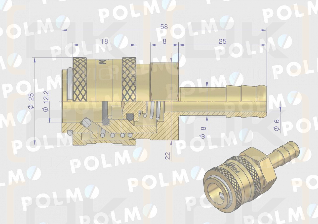 Szybkozłącze pneumatyczne P26 NW7.2 gniazdo pod wąż DN08mm POLMO ( sprzedawane po 5 )