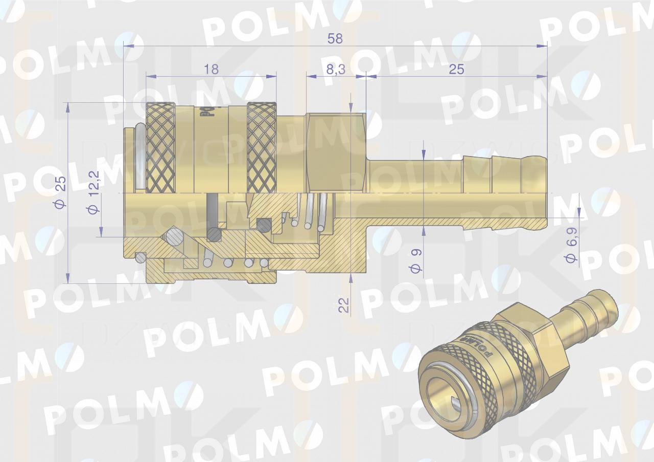 Szybkozłącze pneumatyczne P26 NW7.2 gniazdo pod wąż DN09mm POLMO  ( sprzedawane po 5 )