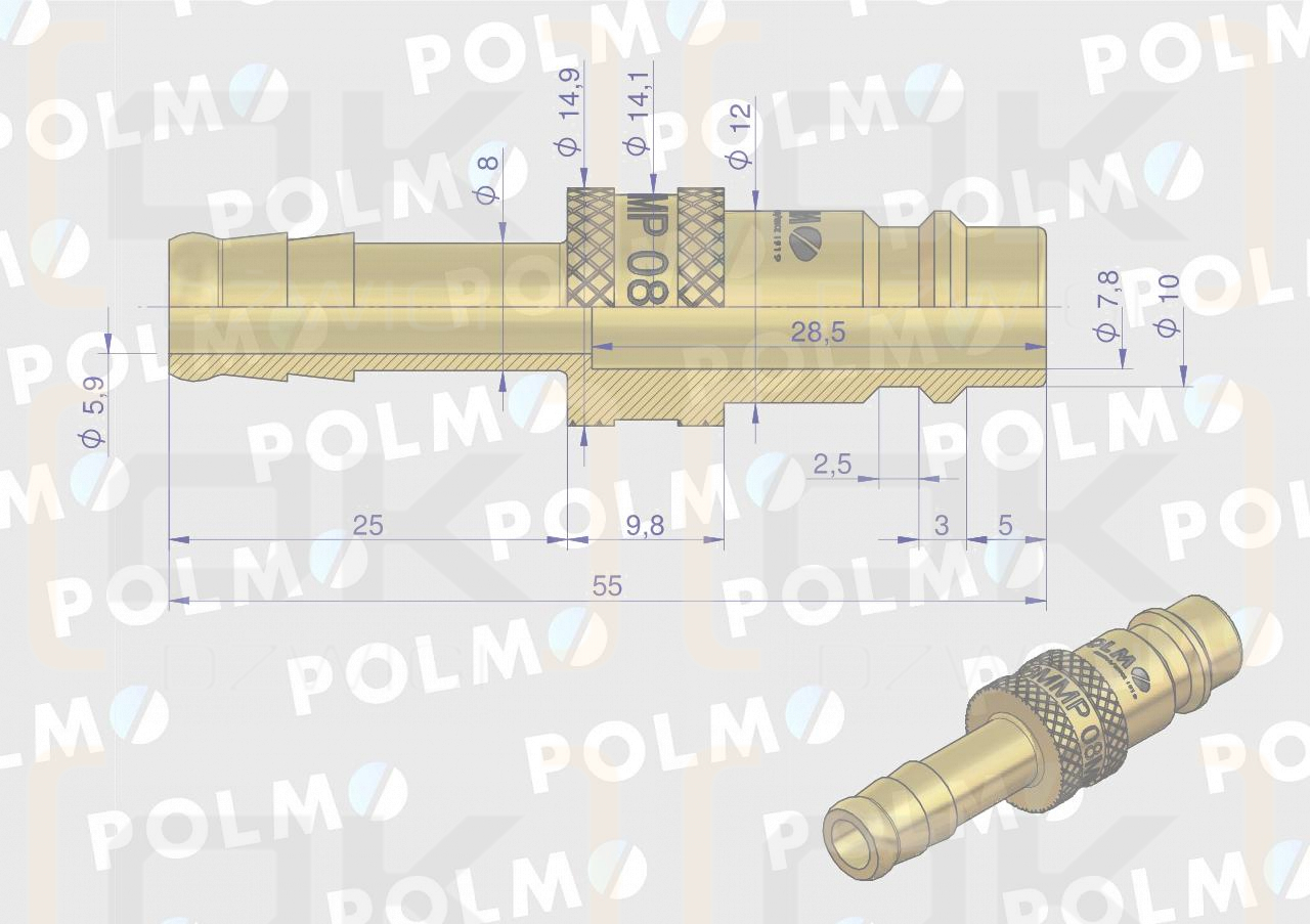 Szybkozłącze pneumatyczne P26 NW7.2 wtyczka pod wąż DN08mm POLMO  ( sprzedawane po 5 )