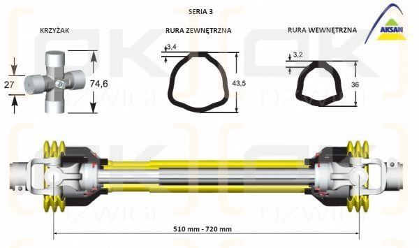 Wał przegubowo-teleskopowy 510-720mm 400Nm 50210 CE seria 3 AKSAN