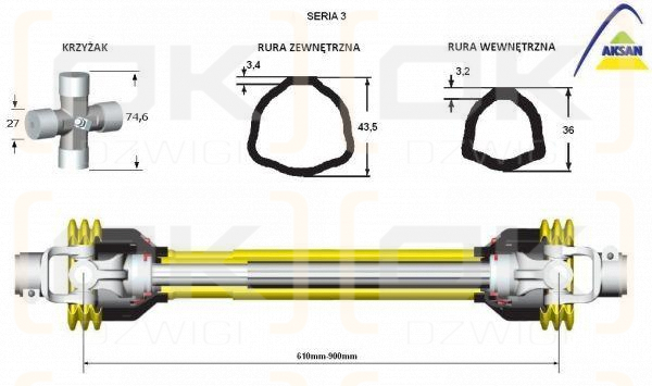 Wał przegubowo-teleskopowy 610-900mm 400Nm 50230 CE seria 3 AKSAN