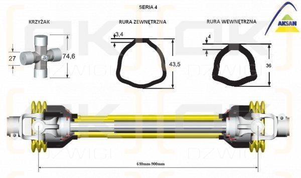 Wał przegubowo-teleskopowy 610-900mm 460Nm 50230 CE seria 4 AKSAN