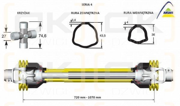 Wał przegubowo-teleskopowy 710-1070mm 460Nm 50240 CE seria 4 AKSAN