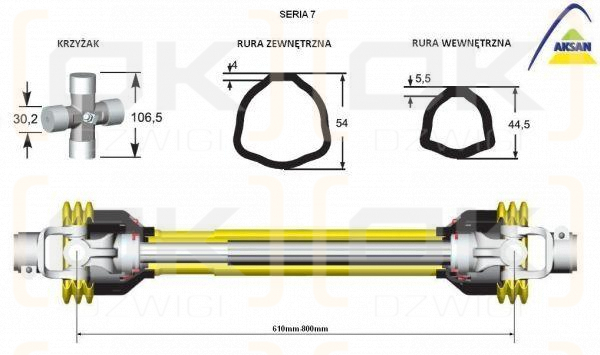 Wał przegubowo-teleskopowy 610-800mm 970Nm 80430 CE seria 7 ze sprzęgłem ciernym 1700Nm AKSAN