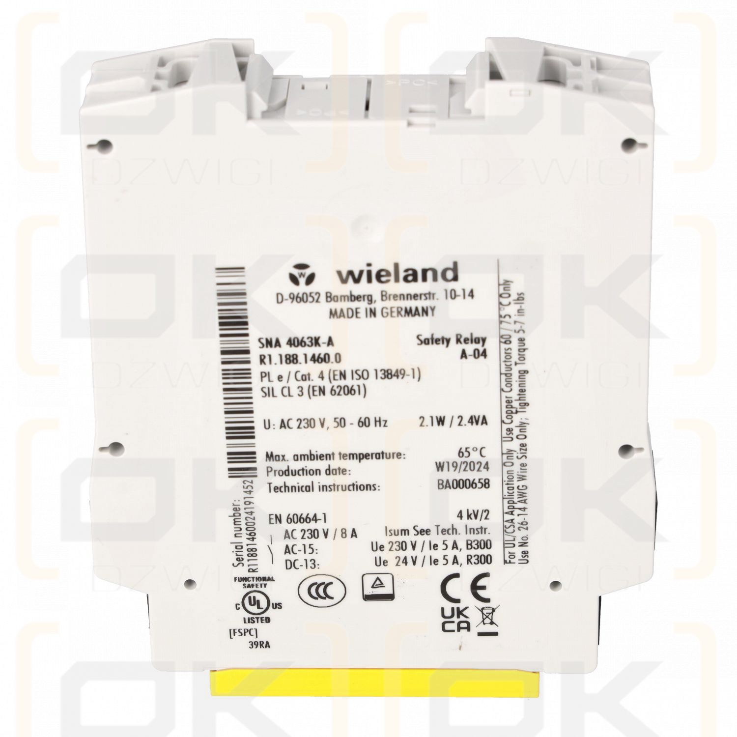 Safety relay, safety cat.: 4, SNA 4063K, safety contacts: 3, Uz: 230 V AC, Wieland