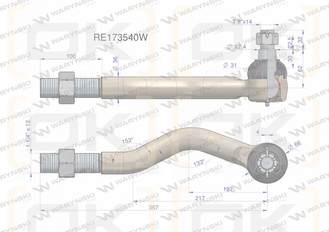 Przegub kierowniczy prawy 367mm - 1 1/4