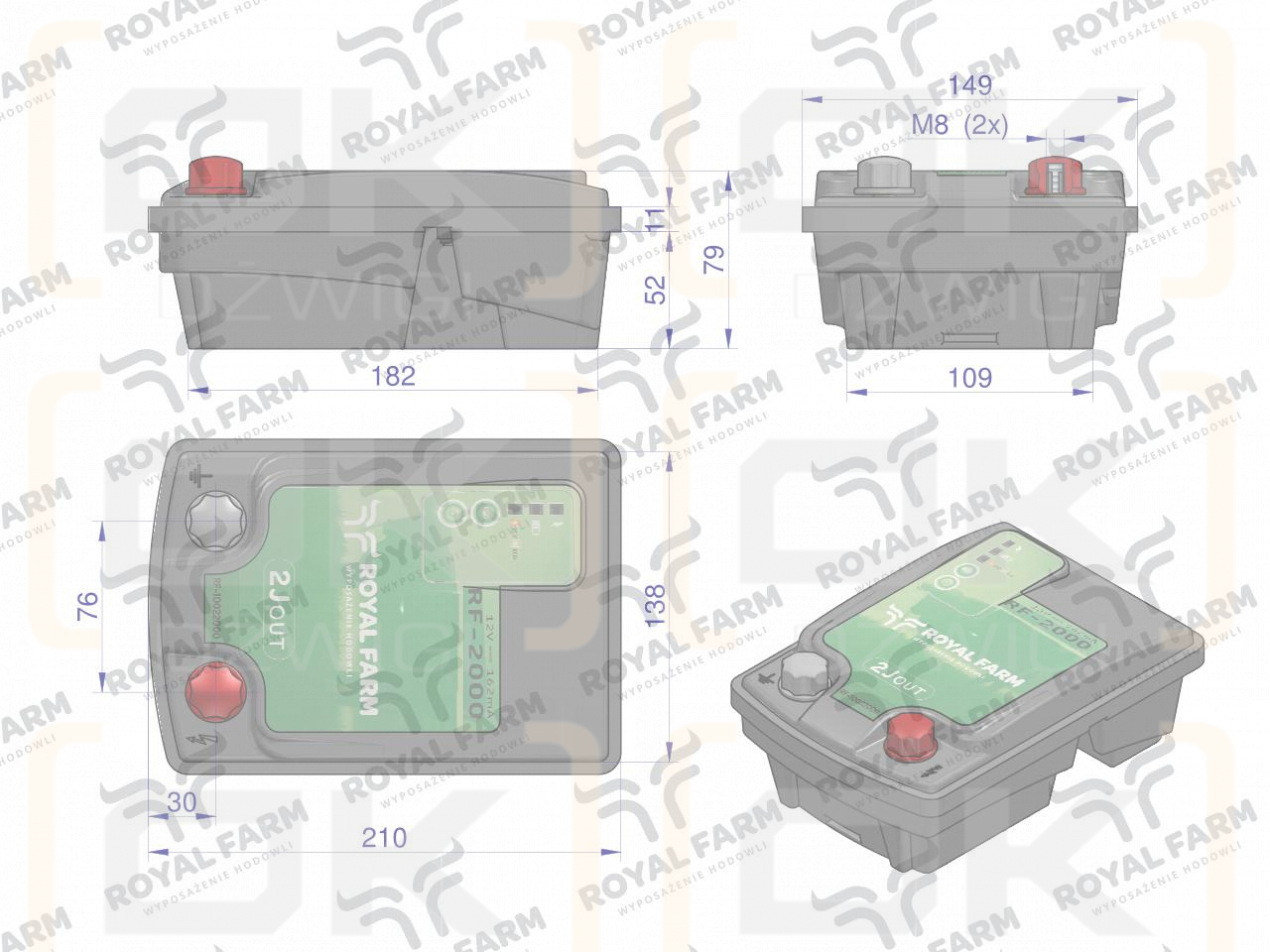 Elektryzator 2J bateryjno-sieciowy (uniwersalny) RF-2000 z zasilaczem ROYAL FARM