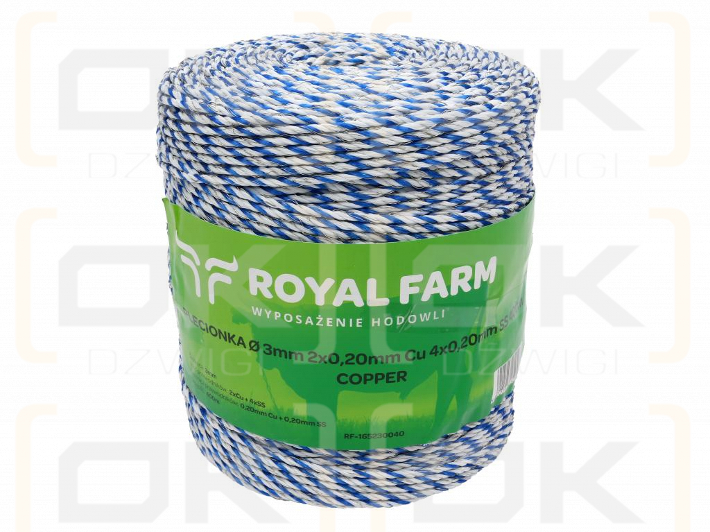 Тесьма для электрофехтовальщика 3 мм, 2x0,20 мм Cu, 4x0,20 мм SS бело-синяя 400 м, Royal Farm