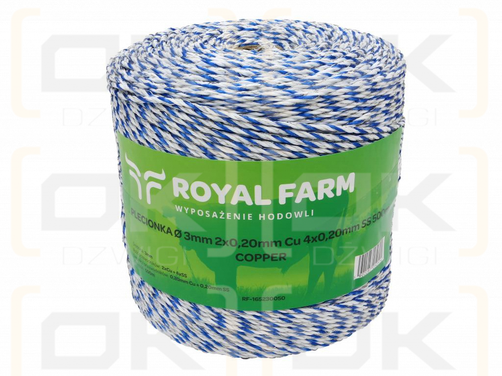 Тесьма для электрофехтовальщика 3 мм, 2x0,20 мм Cu, 4x0,20 мм SS бело-синяя 500 м, Royal Farm