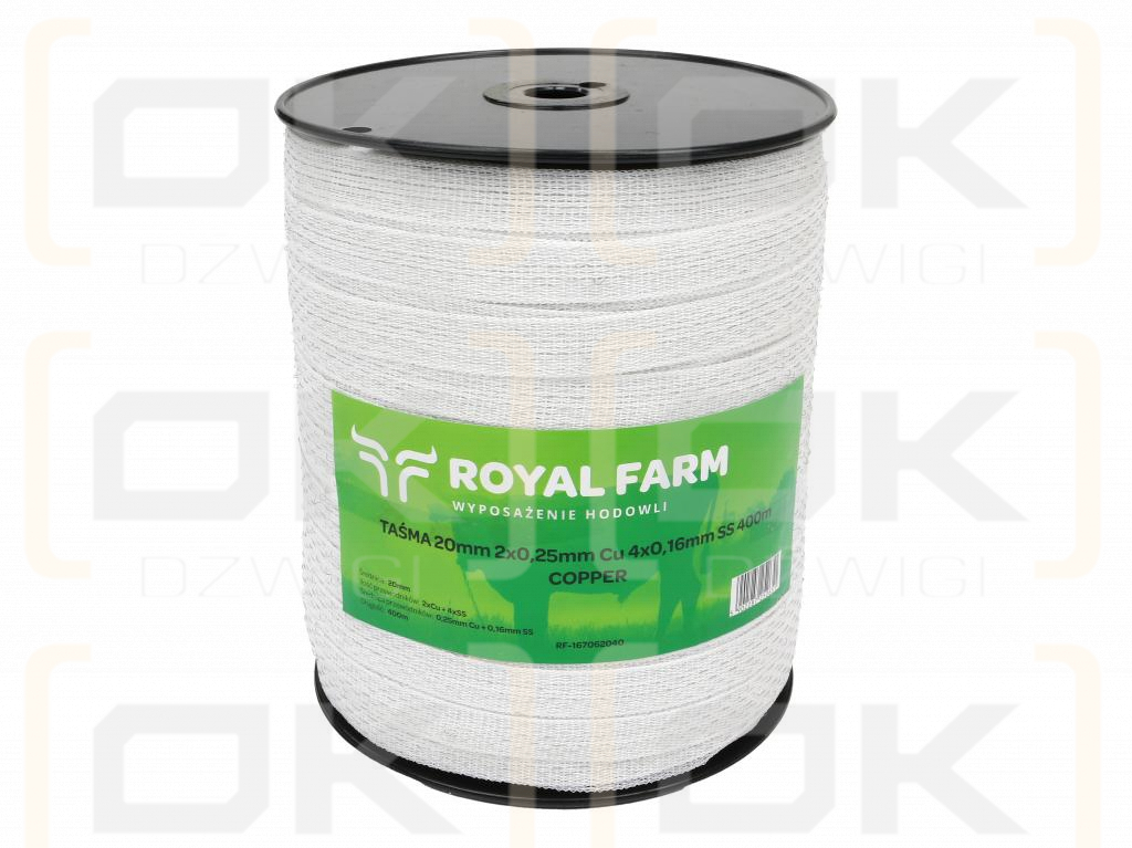 Лента для электрофехтования 20 мм, 2x0,25 мм Cu, 4x0,16 мм SS белая 400 м, Royal Farm