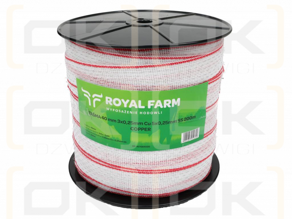 Лента для электроизгороди 40 мм, 3x0,25 мм Cu, 5x0,25 мм SS бело-красная 200 м, Royal Farm