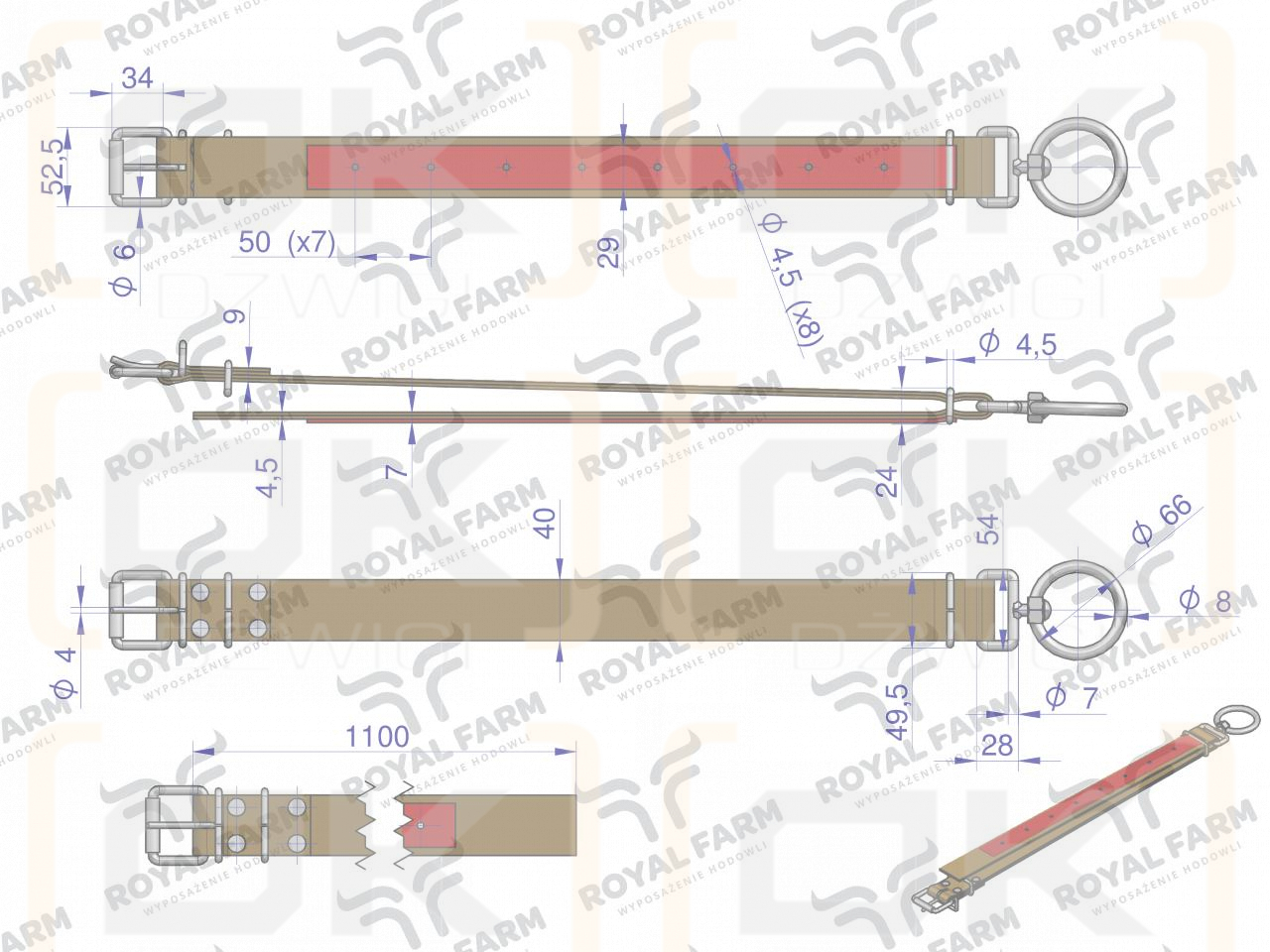 Obroża, 110 cm x 4 cm z okrętką 8 mm i rolką na klamrze, Royal Farm