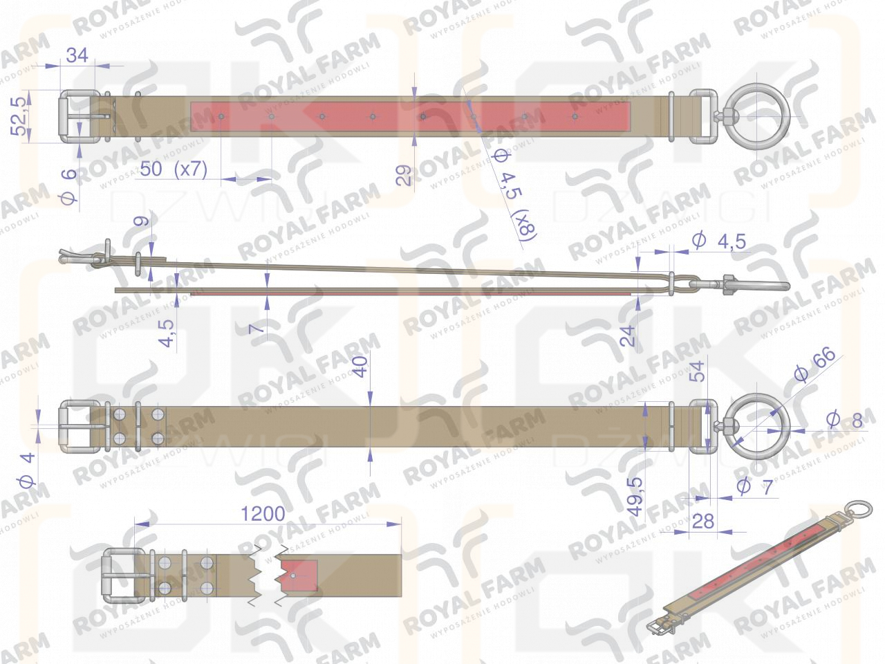 Obroża, 120 cm x 4 cm z okrętką 8 mm i rolką na klamrze, Royal Farm