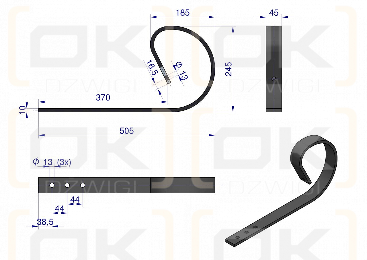 Ząb sprężynowy płaski 3-otworowy 45x10 620mm Tabo