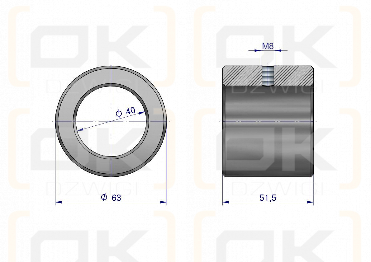 Tuleja stalowa wału dzielonego 63x40x52 otwór M8 Rozrzutnik