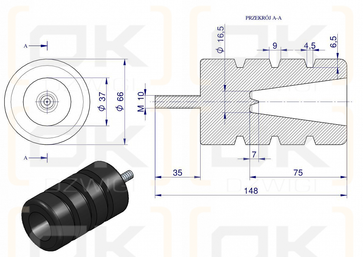 Resor. odbój gumowy śruba M10 wysokość 114mm prosty NR-188 Przyczepa