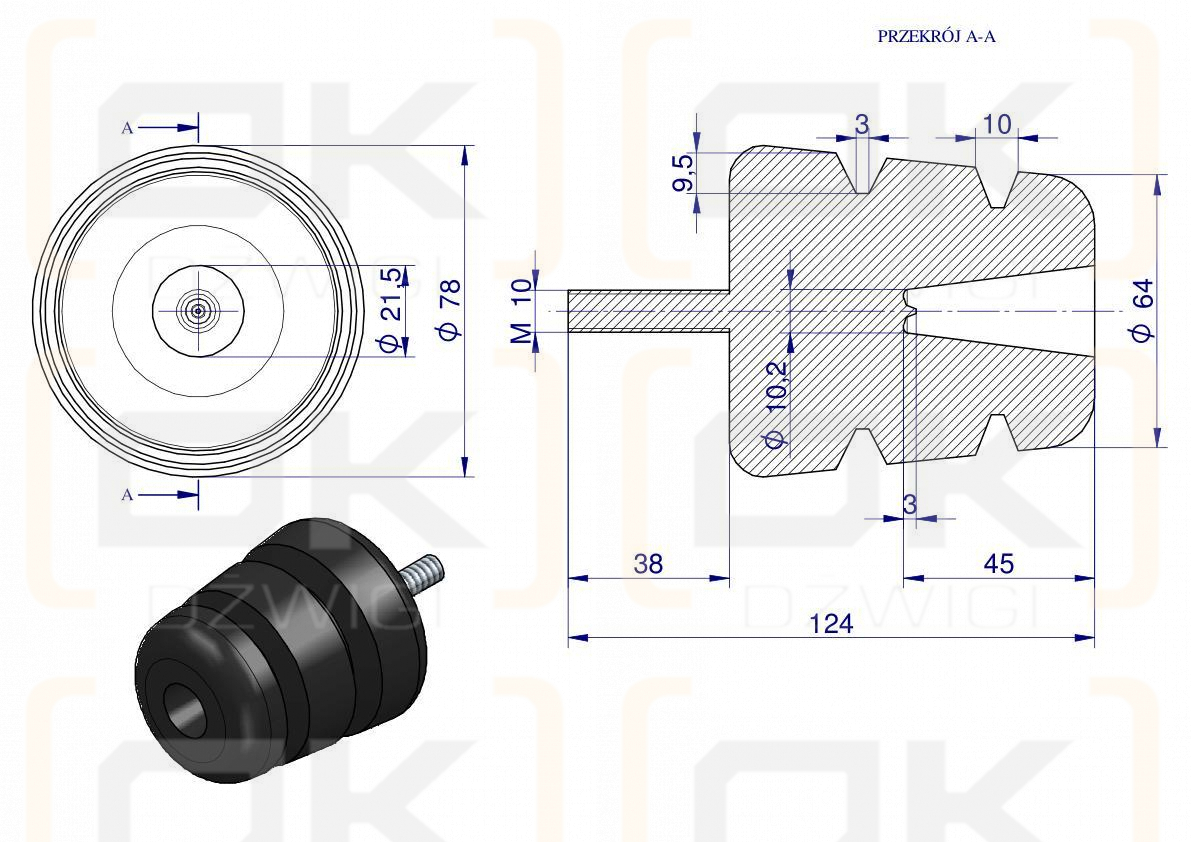 Resor. odbój gumowy śruba M10 wysokość 85mm stożkowy Nr-189 Przyczepa