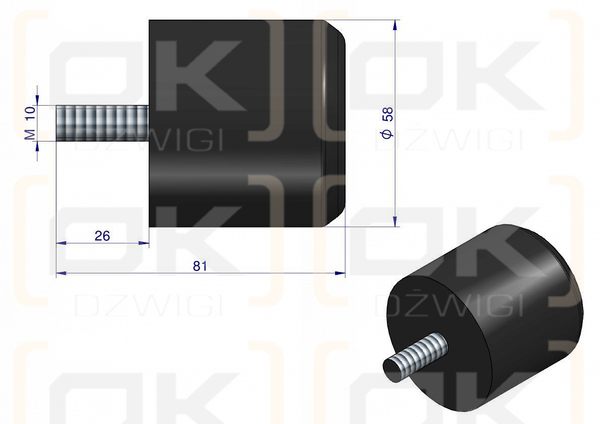 Resor. odbój gumowy śruba M10 wysokość 54mm NR-191 Przyczepa