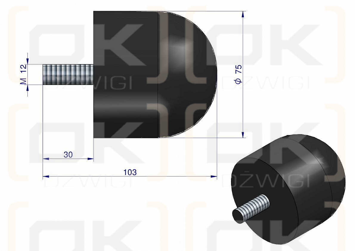 Resor. odbój gumowy śruba M12 wysokość 74mm NR-192 Przyczepa