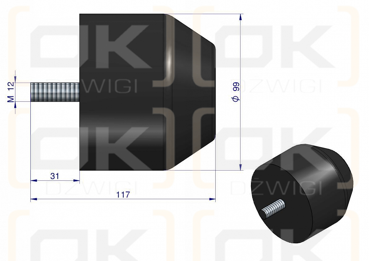 Resor. odbój gumowy śruba M12 wysokość 86mm NR-193 Przyczepa