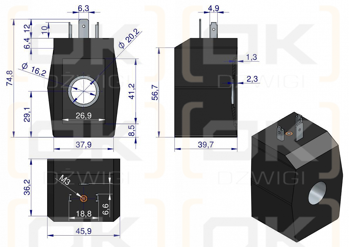 Cewka elektrozaworu 16mm 30W 12V DC
