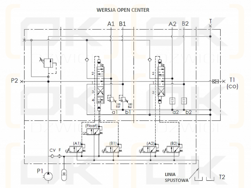 Proporcjonalny rozdzielacz hydrauliczny do ładowaczy czołowych OP (Open Center) 2-sek. max przepływ 90L. 1-sekcja pływająca - sterowany elektrycznie