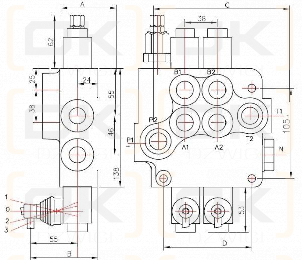 Rozdzielacz hydrauliczny dwusekcyjny (2) 80L