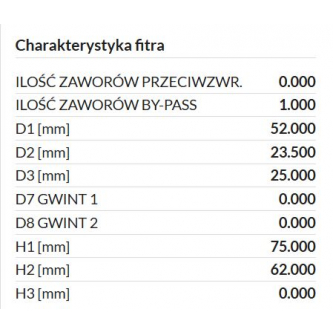 Картридж фильтра fi23,5 / 25 h = 62/75 мм d52