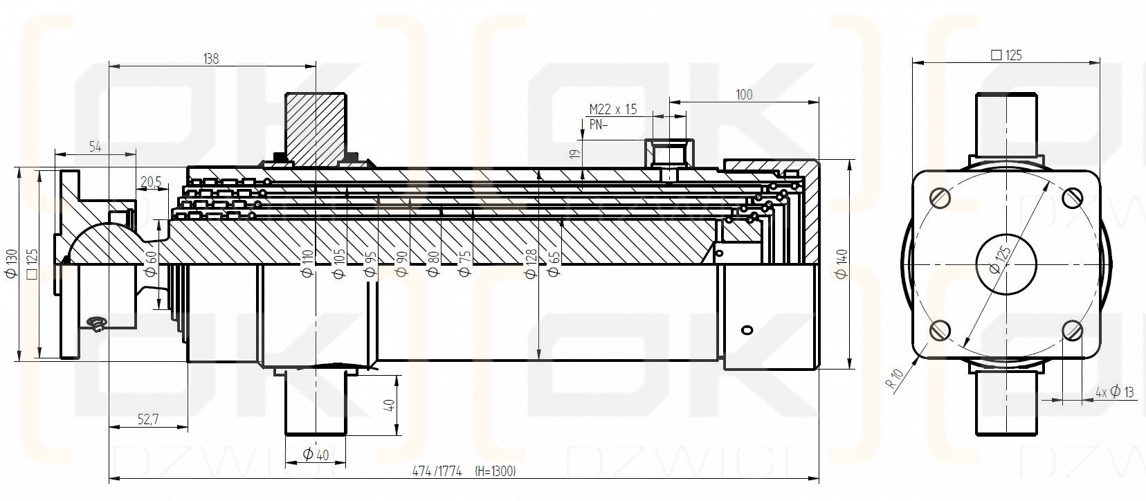 Siłownik hydrauliczny teleskopowy ST4-1300 60/4/1300 Metal-Fach (6 ton)