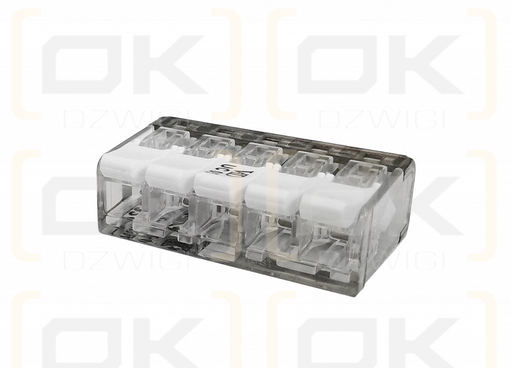 Szybkozłączka elektryczna 5 otworowa z zapadką. przewód- linka. drut  0.5-4 mm2 ( pakowane po 10 szt. )