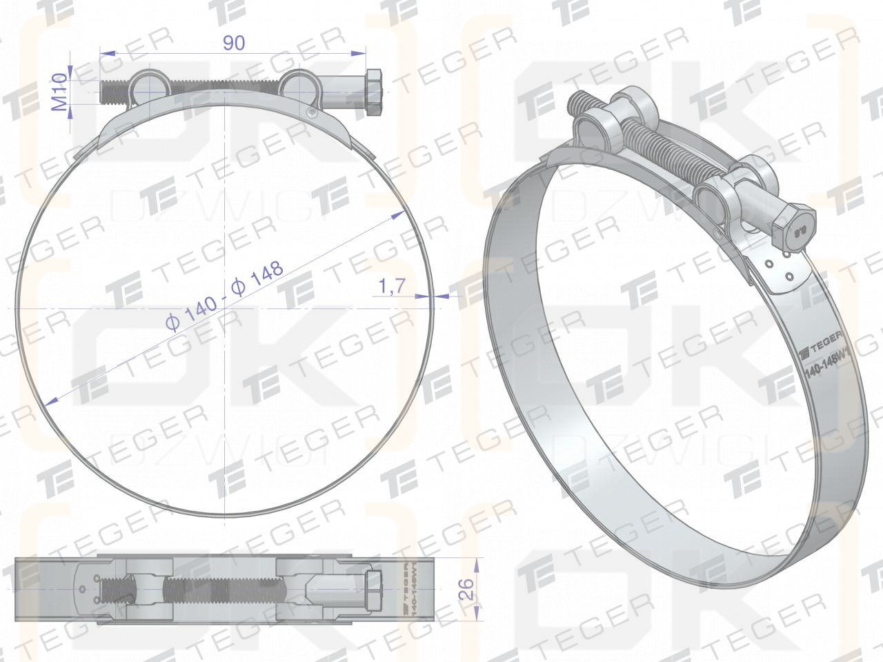 Opaska zaciskowa GBS 140-148 (obejma W1 - stal ocynkowana) szerkość 26mm TEGER ( sprzedawane po 5 )