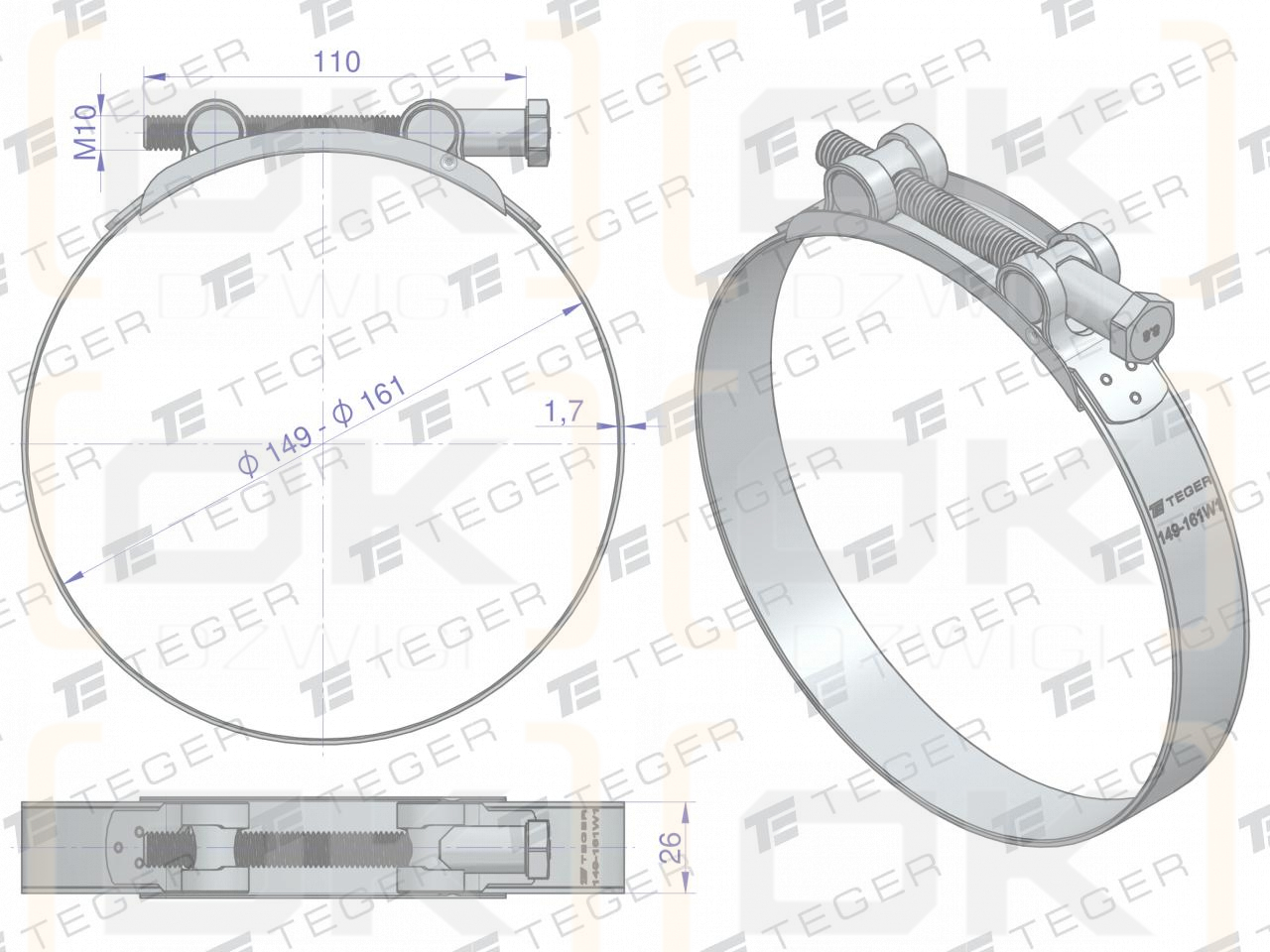 Opaska zaciskowa GBS 149-161 (obejma W1 - stal ocynkowana) szerkość 26mm TEGER ( sprzedawane po 5 )