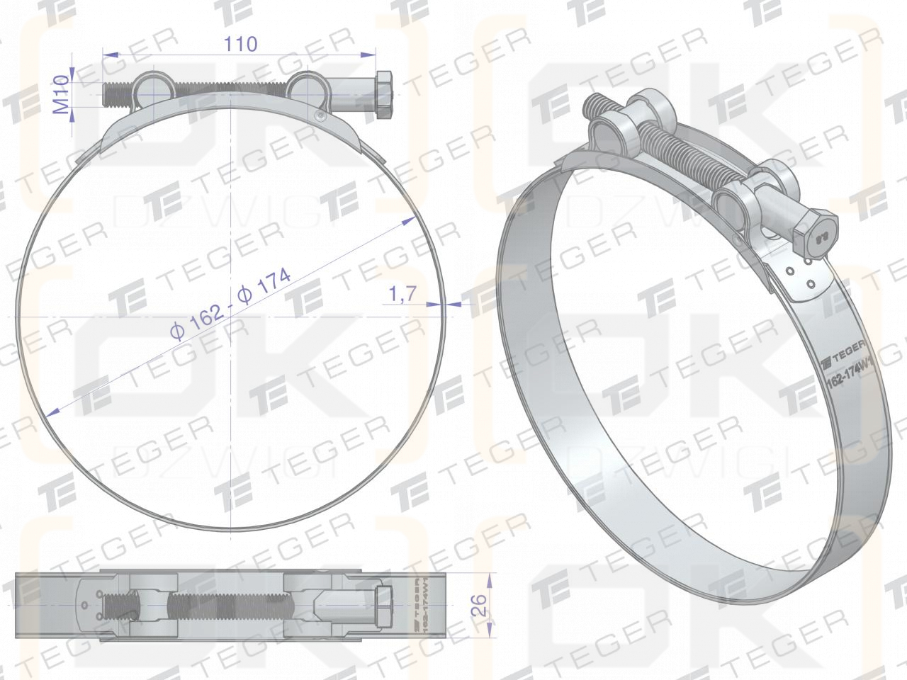 Opaska zaciskowa GBS 162-174 (obejma W1 - stal ocynkowana) szerkość 26mm TEGER ( sprzedawane po 5 )