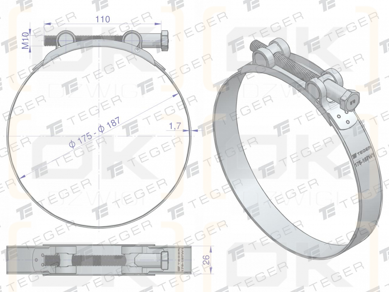 Opaska zaciskowa GBS 175-187 (obejma W1 - stal ocynkowana) szerkość 26mm TEGER ( sprzedawane po 5 )