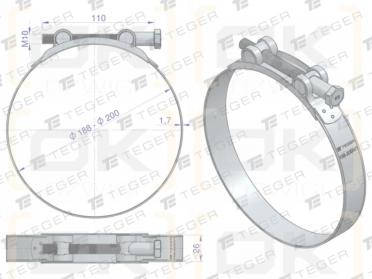 Opaska zaciskowa GBS 188-200 (obejma W1 - stal ocynkowana) szerkość 26mm TEGER ( sprzedawane po 5 )