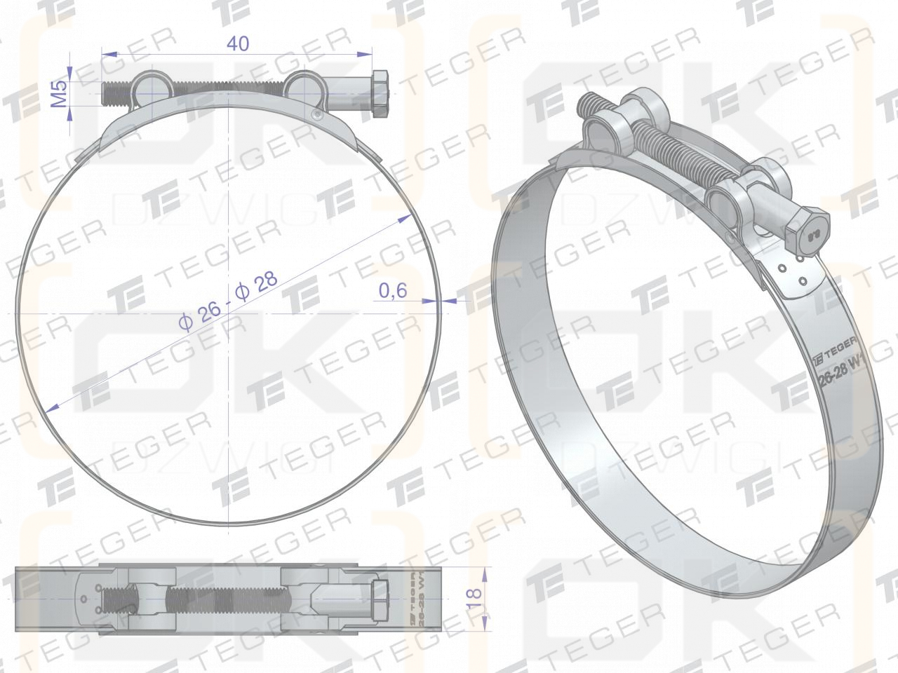 Opaska zaciskowa GBS 26-28 (obejma W1 - stal ocynkowana) szerkość 18mm TEGER ( sprzedawane po 10 )