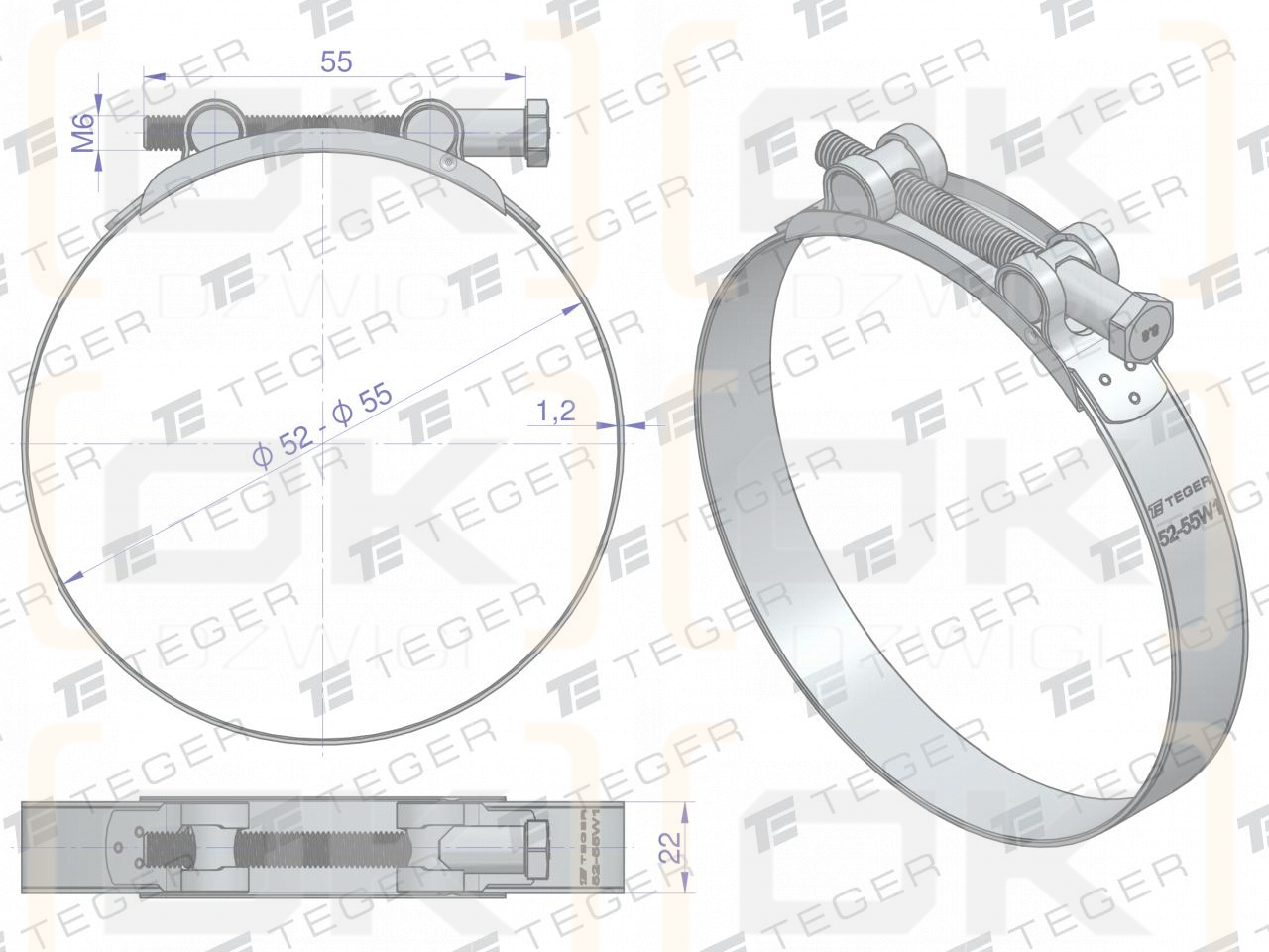 Opaska zaciskowa GBS 52-55 (obejma W1 - stal ocynkowana) szerkość 22mm TEGER ( sprzedawane po 10 )