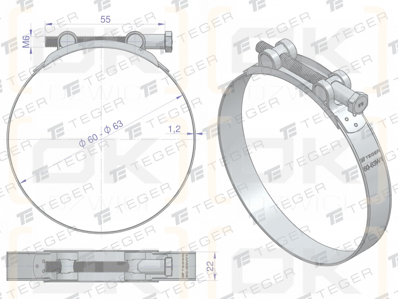 Opaska zaciskowa GBS 60-63 (obejma W1 - stal ocynkowana) szerkość 22mm TEGER ( sprzedawane po 10 )