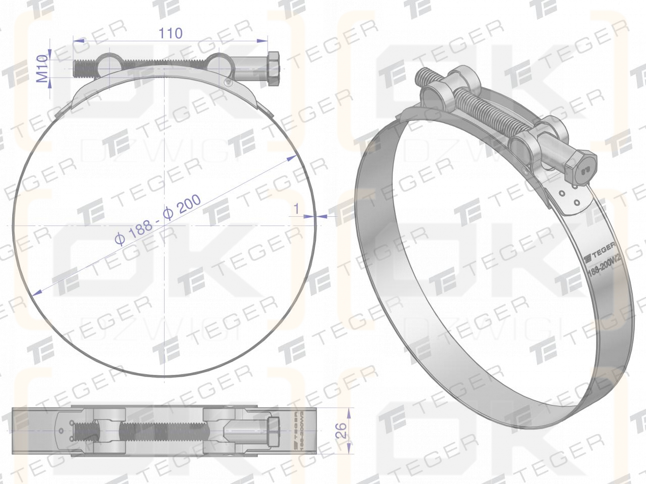 Opaska zaciskowa GBS 188-200 (obejma W2 - stal nierdzewna) szerkość 26mm TEGER ( sprzedawane po 5 )
