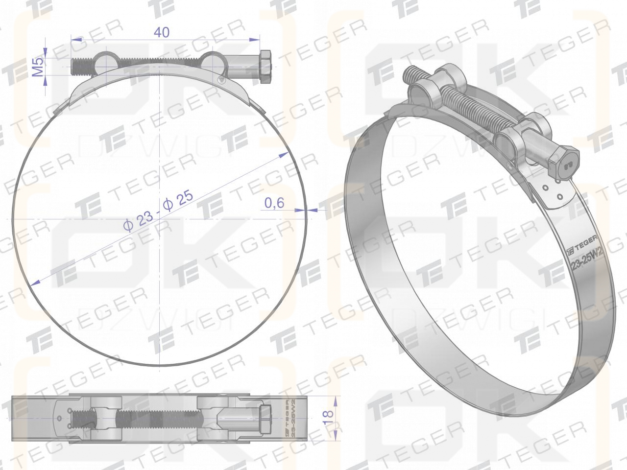 Opaska zaciskowa GBS 23-25 (obejma W2 - stal nierdzewna) szerkość 18mm TEGER ( sprzedawane po 10 )