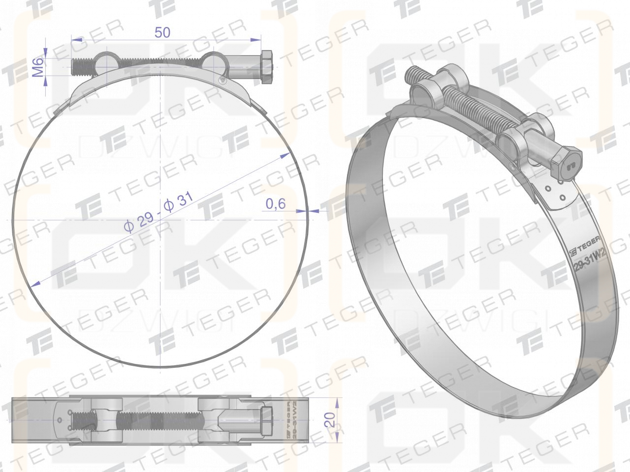 Opaska zaciskowa GBS 29-31 (obejma W2 - stal nierdzewna) szerkość 20mm TEGER ( sprzedawane po 10 )