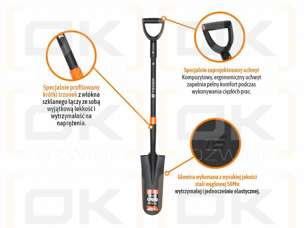 Szpadel drenarski na trzonku z włókna szklanego, (dł. 1150 mm), Teger